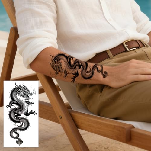 Konsait Large Dragon Temporary Tattoos for Men Women, 10 Sheet Half Arm Set