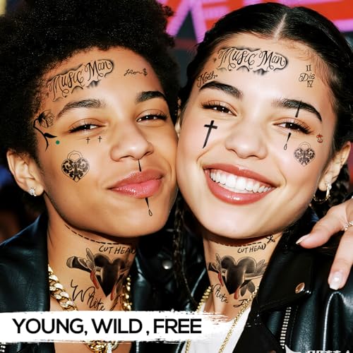 4 Sheets Cosplay Hip-Hop Temporary Face and Body Tattoos ? Rapper-Inspired Fake Tattoo Stickers for Men, Women and Kids ? Realistic Waterproof Tattoos for Cosplay, Halloween, Parties