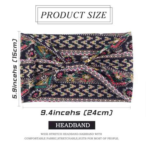 Olbye Wide Boho Headbands Floral Stretch Head Wraps Bohemian African Turban Hairbands Knotted Bandana Headband Yoga Running Head Scarfs Workout Hair Accessories for Women 4Pcs (Boho, 9.4 * 5.9'')