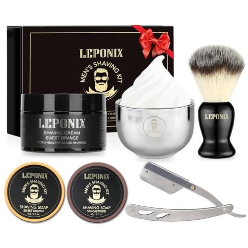 Straight Razor Shaving Kit for Men - 2 Packs Shaving Soap, Straight Edge Razor, Shaving Cream, Brush & Bowl - Unique Gifts Set for Men, Him, Dad - Stocking Stuffers,Father¡¯s Day (Sweat Orange£©