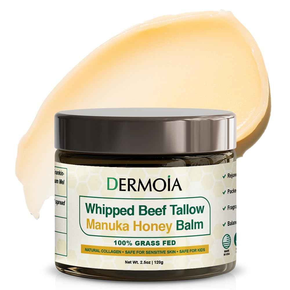 DERMOIA Grass Fed Whipped Beef Tallow for Skin with Manuka Honey - Silky Smooth, Fast Absorbing Tallow & Honey Balm - Ideal for Kids & Eczema Prone Area - Whipped Moisturizer for Dry & Sensitive Skin