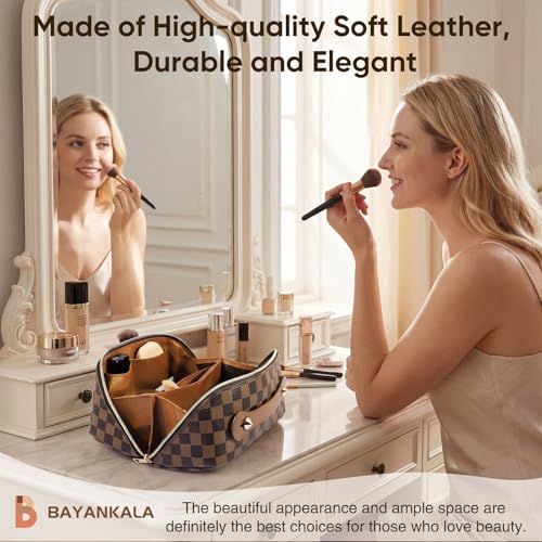 Leather Travel Makeup Bag, Large Capacity Cosmetic Bag for Women, Waterproof Portable Pouch with Divider, Toiletry Organizer with Handle, 10.5x5x5 Inches, Deep Brown