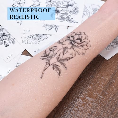 24 Sheets Temporary Tattoos Stickers Long Lasting Flower Temporary Fake Tattoos For Men Women Arm Neck Fake Body Arm Chest Shoulder Tattoos