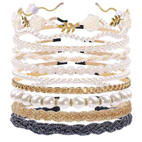 Pearl and Metal Headbands - Beaded No Slip Hair Accessories for Women and Girls, 10 Pack