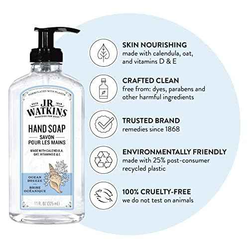 J.R. Watkins Gel Hand Soap, Scented Liquid Hand Wash for Bathroom or Kitchen, USA Made and Cruelty Free, 11 fl oz, Ocean Breeze, 6 Pack