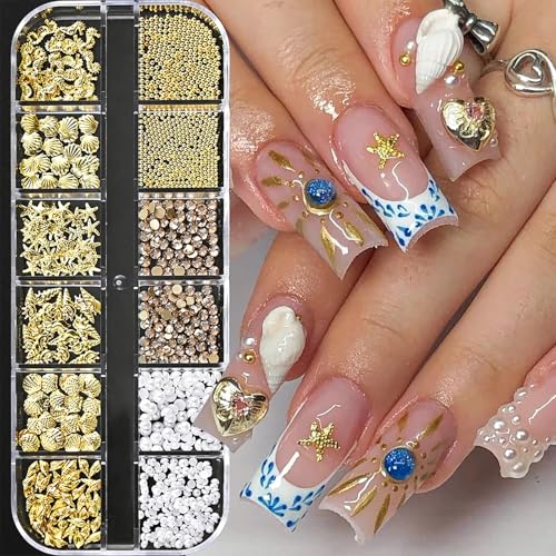 12-Grid Gold Ocean Nail Charms Set - Seashell & Starfish Designs