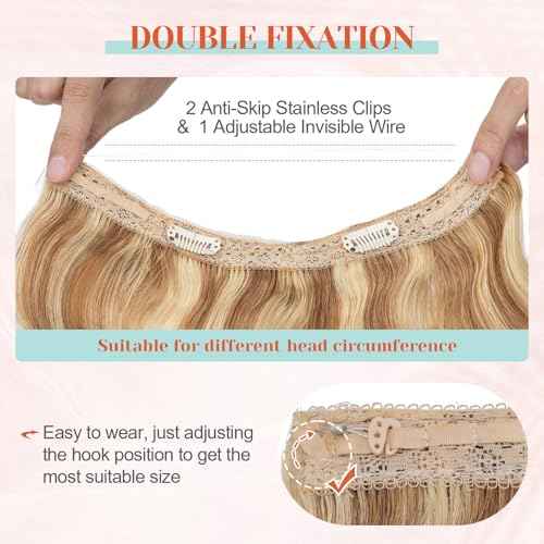 Benehair Halo Hair Extensions Real Human Hair, Blonde Halo Hair Extension 100% Human Hair, Wavy Halo Extensions Human Hair, Wire Hair Extension, Golden Brown&Bleach Blonde 55g/12inch