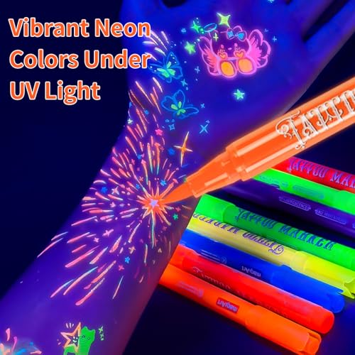 Fluorescent Body Paint Markers, 12 Colors Glow in UV Light with 6 Stencils