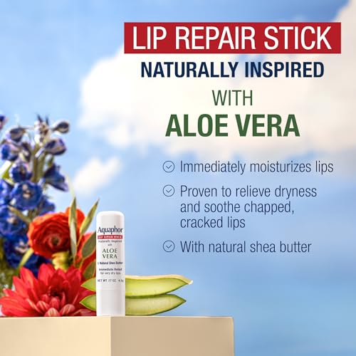 Aquaphor Naturally Inspired Lip Repair Stick with Aloe Vera and Natural Shea Butter,Hydrating Lip Balm Immediately Relieves Dryness,0.17 Oz Stick,(Pack of 2)