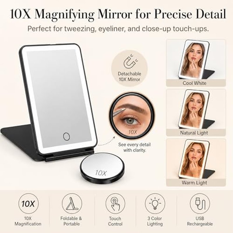 10X Magnifying Lighted Makeup Mirror with Rechargeable LED