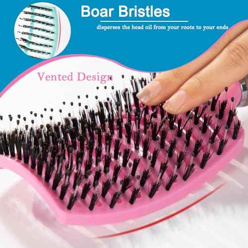 Boar Bristle Brush Set - Dry/Wet Detangler for Fine, Thick, Curly Hair - Curved and Vented Brush for Women, Men or Kids