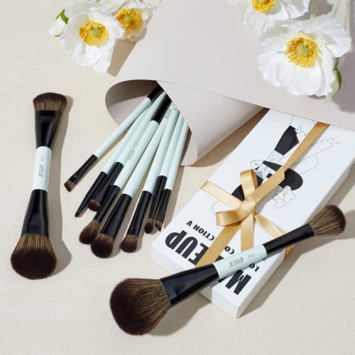 Jessup 10-Piece Makeup Brush Set with Dual-Ended Brushes, Bright Cyan
