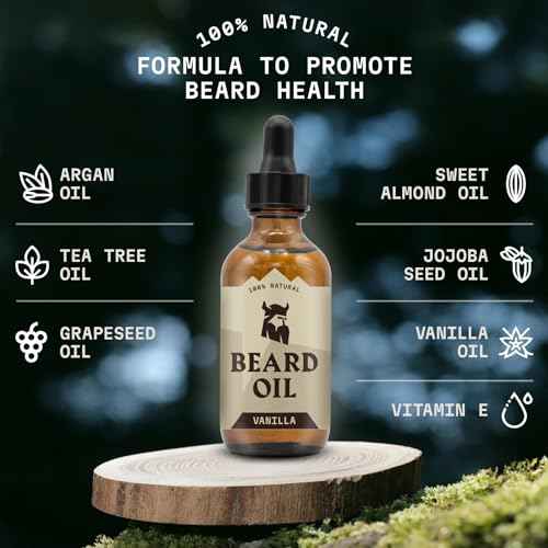 Striking Viking Beard Oil for Men - 2 Fl Oz, Pack of 2, Vanilla Scent - Naturally Derived Conditioner with Almond, Tea Tree, Argan & Jojoba Oil for Beard Growth, Softening & Moisturizing