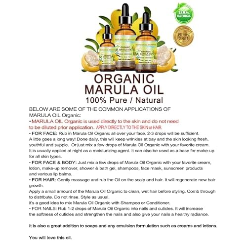 Botanical Beauty Organic MARULA OIL WILD GROWTH 100% Pure Natural Virgin, Unrefined Cold-Pressed Moisturizer for FACE, DRY SKIN, BODY, DAMAGED HAIR, NAILS, Anti-Aging (0.5 Fl Oz)