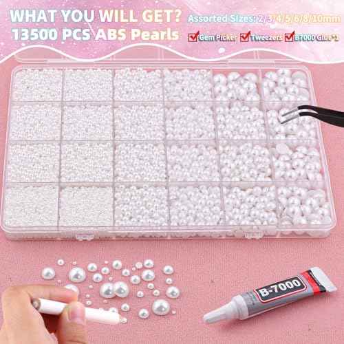 13500Pcs Flatback Pearls for Bedazzling (White) with B7000 Jewelry Glue, Assorted Size 2/3/4/5/6/8/10mm Half Pearl, Bedazzling Gems for Crafting Clothing Tumbler Shoes Embellishment Nail Art