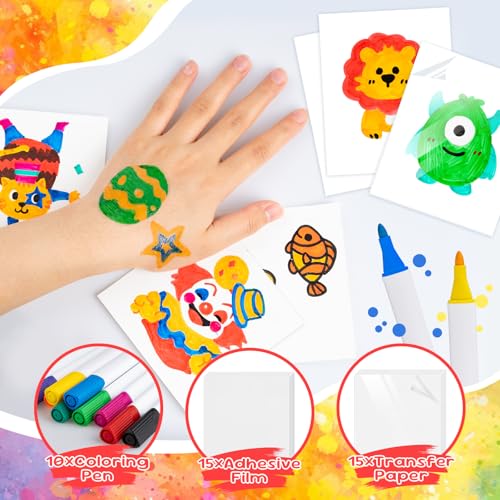 Temporary Tattoos, Eleanore's Diary DIY Tattoos Sticker for Kids Adults, Art & Crafts Set with 10 Marker Pen, 15 Transfer Paper & 15 Adhesive Film, Class Home Activity Birthday Party Favors Gifts