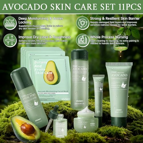 Avocado Skin Care Set - 11PCS Skincare Gift Set with Facial Cleanser, Toner, Serum, Eye Cream, Lotion, Face Cream and Moisturizing Facial Masks - Korean Skin Care Kit for All Skin Types