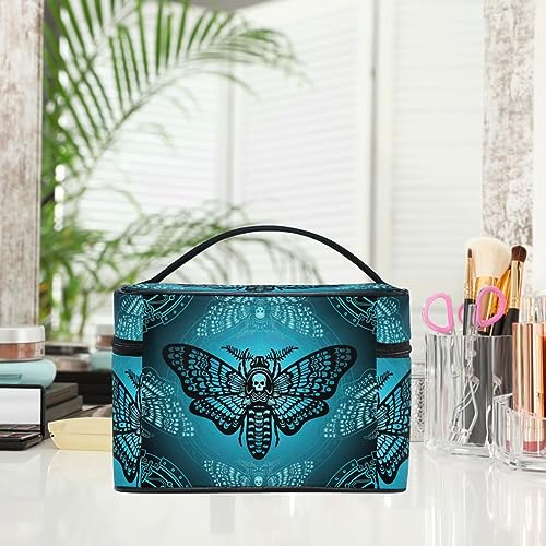 Makeup Bags, Gothic Blue Skull Moth Butterfly Makeup Organizer Bags Toiletry Bag Box Travel Cosmetic Bag Make Up Train Case for Women Teen Girl Ladies