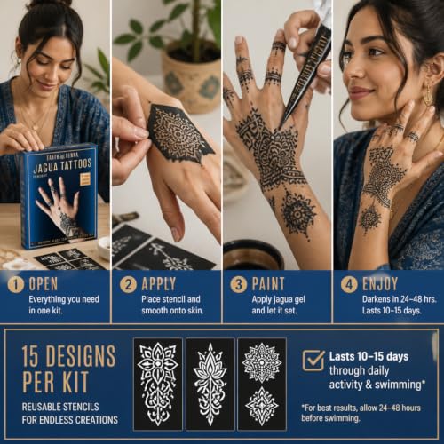 Organic Jagua Temporary Tattoo Kit - 15+ Designs, 10-15 Days