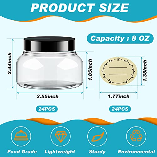 Tessco for you 24 Pack Plastic Jars with Lids Labels Multiuse Containers Empty Body Scrub Jars Round Refillable Cosmetic Body Butter Containers for DIY Slime Make Up Storage(8 oz,Clear, Black)
