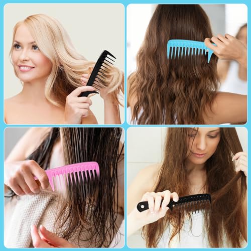 Wide Tooth Comb for Curly Hair - Detangling Shower Comb Black-Pink 2PCS