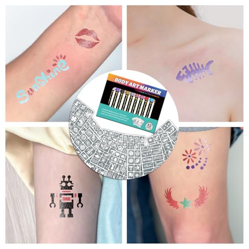 Temporary Tattoo Markers with Stencils - 12 Metallic Pens & 169 Designs