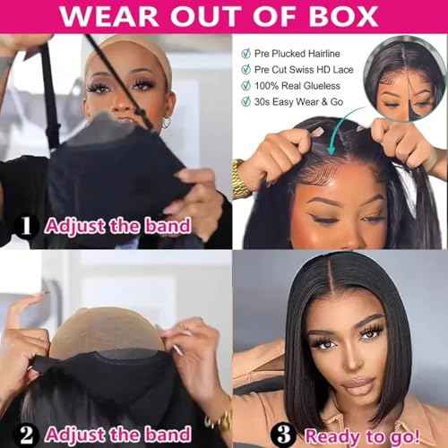 Glueless Wigs Human Hair Pre Plucked Pre Cut Straight Bob Wigs for Black Women 5x5 HD Lace Closure Wigs Human Hair with Elastic Band for Beginners Ready to Go Glueless Bob Wig 16 Inch
