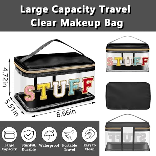 Chenille Letter Patches Clear Makeup Bags Stuff Purse Pouch, Preppy Nylon Cosmetic Toiletry Storage Bag with Handle Zipper, Waterproof PVC Portable Makeup Travel Pouch for Women Girls(Black/STUFF)