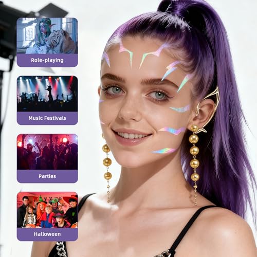 9Pcs Colorful Laser Temporary Tattoos and Gold Earrings Set, Hunter Themed Accessories for Cosplay Dance Party, Music Festivals, Halloween