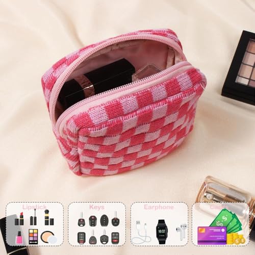 3Pcs Makeup Bag Set for Women, Checkered Cosmetic Bag Travel Toiletry Bags for Purse Large Small Mini Makeup Pouch Zipper Makeup Brushes Aesthetic Accessories Storage Organizer Bag (Pink Set)