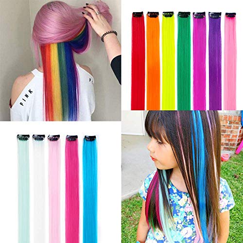 KGBFASS 32Packs Colored Hair Extensions 20Inch Straight Color Clip in on Hair Extension Rainbow Party Highlights Synthetic Hairpiece for Girls (16 colors)