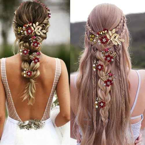 5 PCS Bridal Flower Wedding Hair Pins Crystal Pearl Headpiece Gold Wedding Hair Accessories Jewelry Rhinestone for Brides Bridesmaids Women Girls Updo, Exquisite Flower Leaves&Elegant Burgundy
