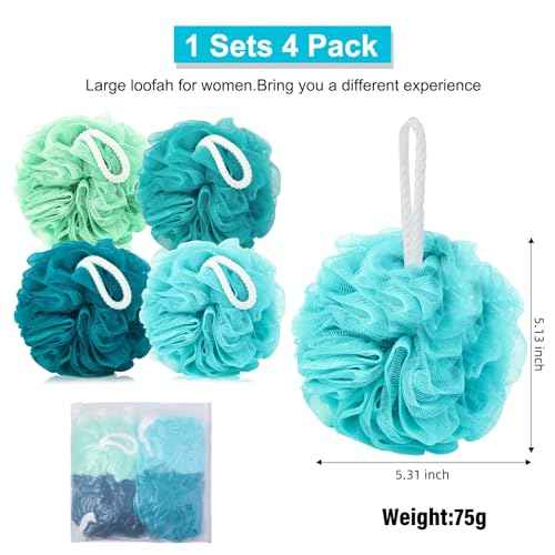 Loofah for Women 75g 4 Pack, Bath Sponge Soft Mesh Shower Puff Loofah Sponge, Exfoliating Body Scrubber, lufas for Women, Shower Accessories (Blue)