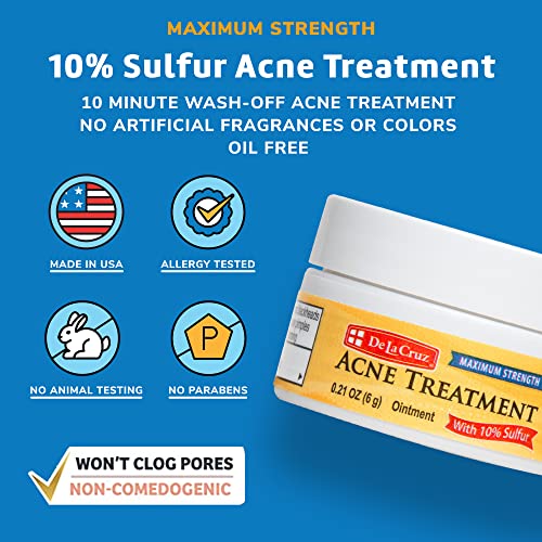 De La Cruz 10% Sulfur Ointment - Cystic Acne Treatment for Face and Body - Daily 10 Min Spot Treatment Mask Safe and Effective Game Changing Hormonal Acne Treatment that Clears Up Pimples 0.21oz 6g