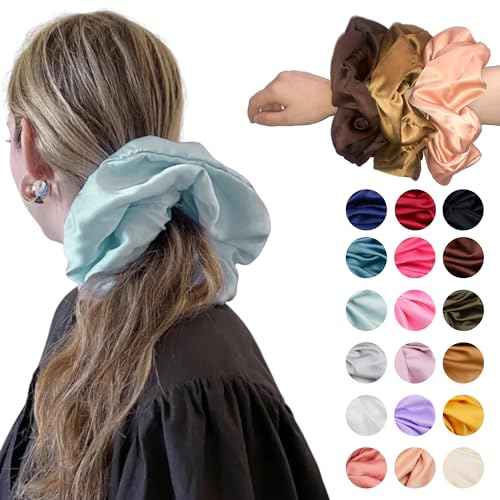 Oversized XXXL Jumbo Satin Hair Accessories for Women & Girls - 18 Colors Giant Silk Scrunchies, Elastic Ponytail Holders for Thick Hair