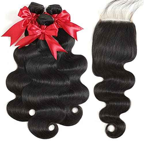 12A Body Wave Bundles with Closure Human Hair 22 24 26+20 Inch Brazilian Virgin Body Wave Human Hair Weave 3 Bundles with 4x4 HD Lace Closure