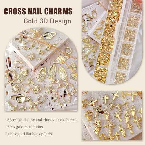 3D Cross Nail Charms,Gold Flat Back Nail Pearls Beads for Crafting,Cute Nail Charms Y2k Rhinestones Jewelry for Nail Art Flower Virgin Mary Religious Charms Gems Bulk Nail Chains (Gold)