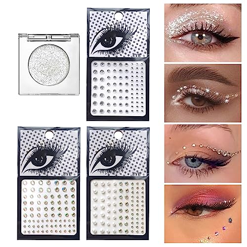 Silver Glitter Eyeshadow & 3Pcs Face Gems Stick on Set, Shimmer Cream Eye Shadow & Hair Jewels Face Rhinestones, Single Eyeshadow Palette & Body Gems Diamonds for Eye Makeup