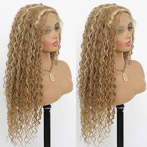 Highlight Blonde Deep Curly 13x4 Lace Front Wig for Women Glueless Long Curly Honey Blonde Mixed 613 Bleach Blonde Lace Front Wig with Baby Hair Pre Plucked 150 Density 24 Inches
