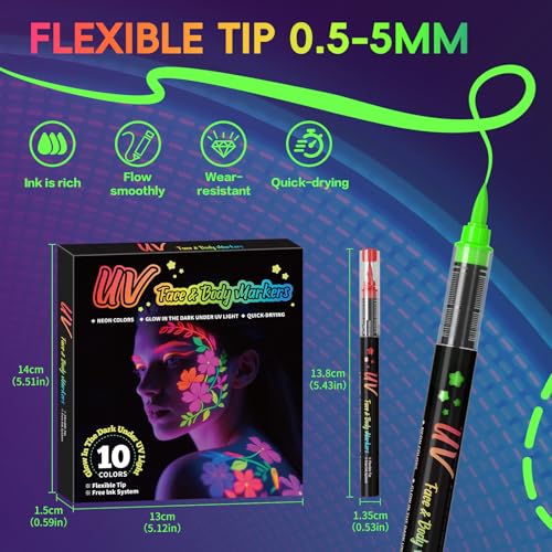 10-Color UV Glow Face Paint Set with Precision Pen Tips