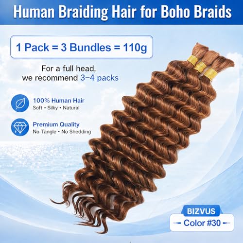 BIZVUS Human Braiding Hair #30 Auburn Ginger 24 Inch Deep Wave Boho Bulk 110g