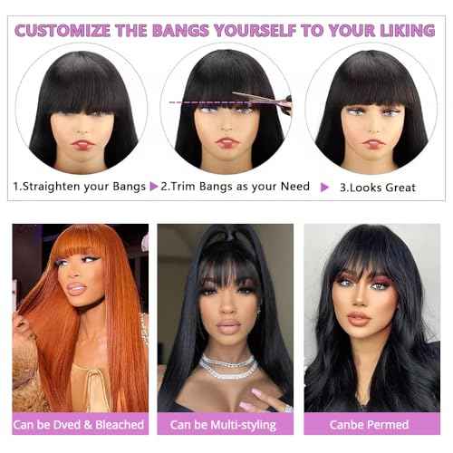 Straight Wigs Human Hair with Bangs 180% Density Brazilian Virgin Human Hair Wigs Glueless Machine Made Wigs for Women None Lace Front Wigs Natural Color 28 Inch