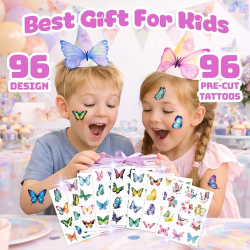 96 PCS Butterfly Flower Temporary Tattoos for Kids