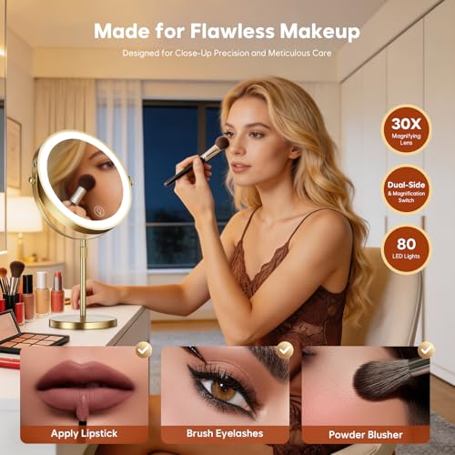 30X Dual-Sided LED Makeup Mirror with Lights - Adjustable & Rotating