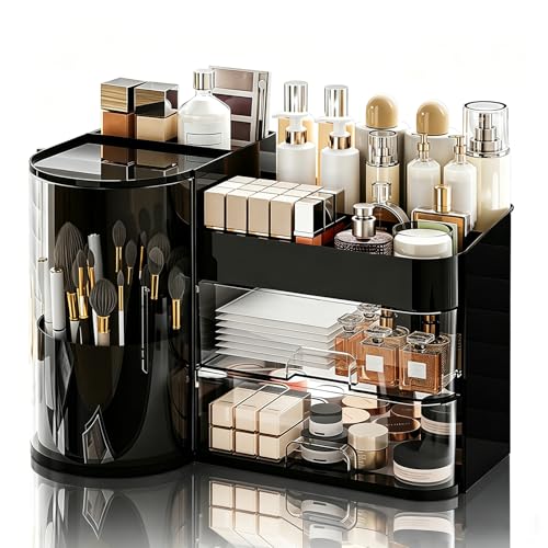 Rotating Makeup Organizer with Drawers - Large Capacity Cosmetic Storage