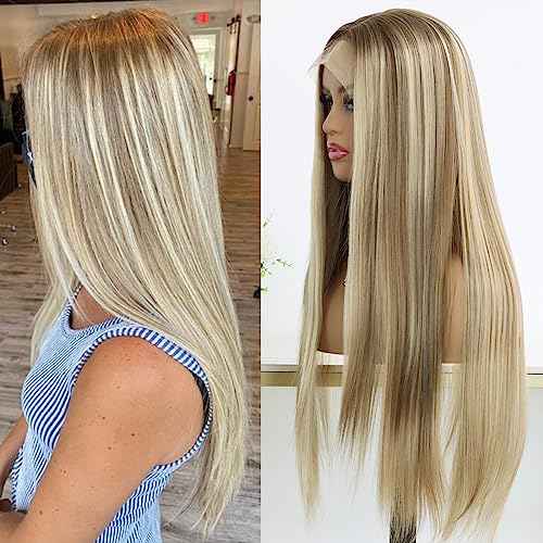 Highlight Honey Blonde Lace Front Wigs for Women Middle Part Glueless Long Straight Ombre Brown Mixed Blonde Synthetic Lace Front Wig for White Women 150 Density 24 Inches