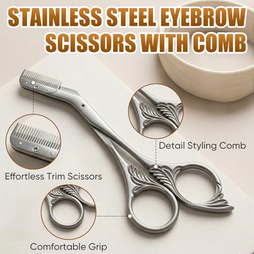 Black Stainless Steel Eyebrow Trimmer Scissors with Comb - Women & Men Grooming Kit