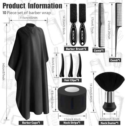 NICEMOVIC 10 in 1 Hair Cutting Barber Cape with Neck Duster Brush Barber Brush Neck Strips Hair Combs Hair Clips, Professional Barber Accessories Cleaning Supplies for Salon Haircut Styling (Black)