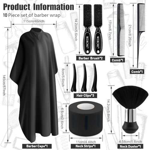 Barber Cape Kit with Neck Duster Brush & Accessories - 10 Piece Set