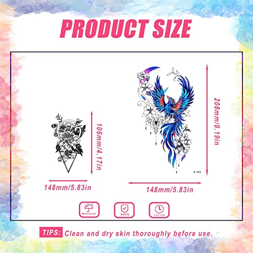 Flower Butterfly Temporary Tattoos for Women Girls, 12Sheets Large Black Waterproof Half-Arm Shoulder Adults Fake Tattoo, Blue Realistic That Look Real Last Long Party Favors Supplies Gifts